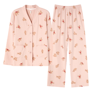 自带胸垫一体睡衣女春秋季长袖纯棉开衫和服甜美宽松月子家居服冬