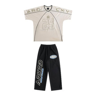 ROCKYROAD童装美式拼接条纹短袖T恤夏季宽松嘻哈潮牌上衣