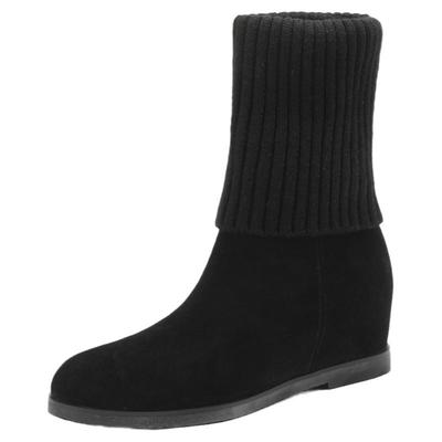 毛线内增高真皮棕色平跟磨砂短靴