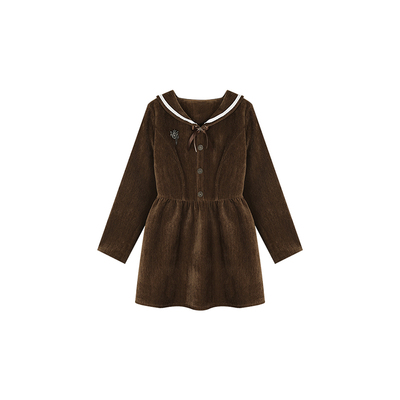 安妮不火 灯芯绒复合银狐绒海军领短裙女微胖大码保暖收腰连衣裙