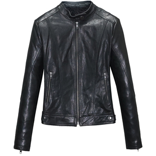 轻洗柔化植鞣头层绵羊真皮皮衣女修身短款立领休闲时装夹克外套平