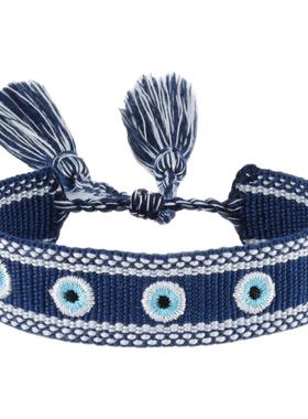 欧美蓝眼睛手链可调节的刺绣手工编织邪恶之眼手绳幸运卡片礼物