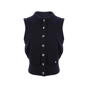 DeesseSicile藏青色通勤气质POLO翻领修身显瘦无袖针织背心上衣女