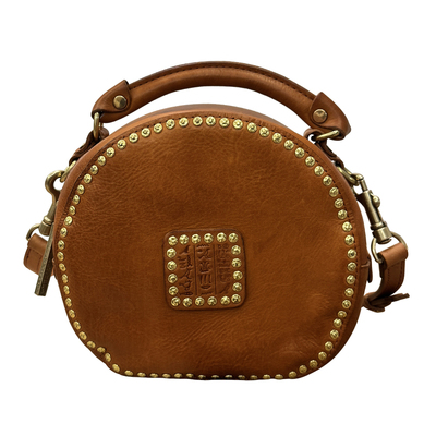 植鞣牛皮洗水做旧铆钉圆饼女包潮