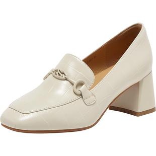 百思图春秋商场新款羊皮白色乐福鞋通勤粗跟女单鞋C1008CA5