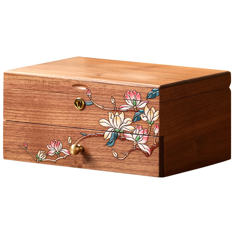 黑胡桃实木质饰品盒带锁首饰收纳