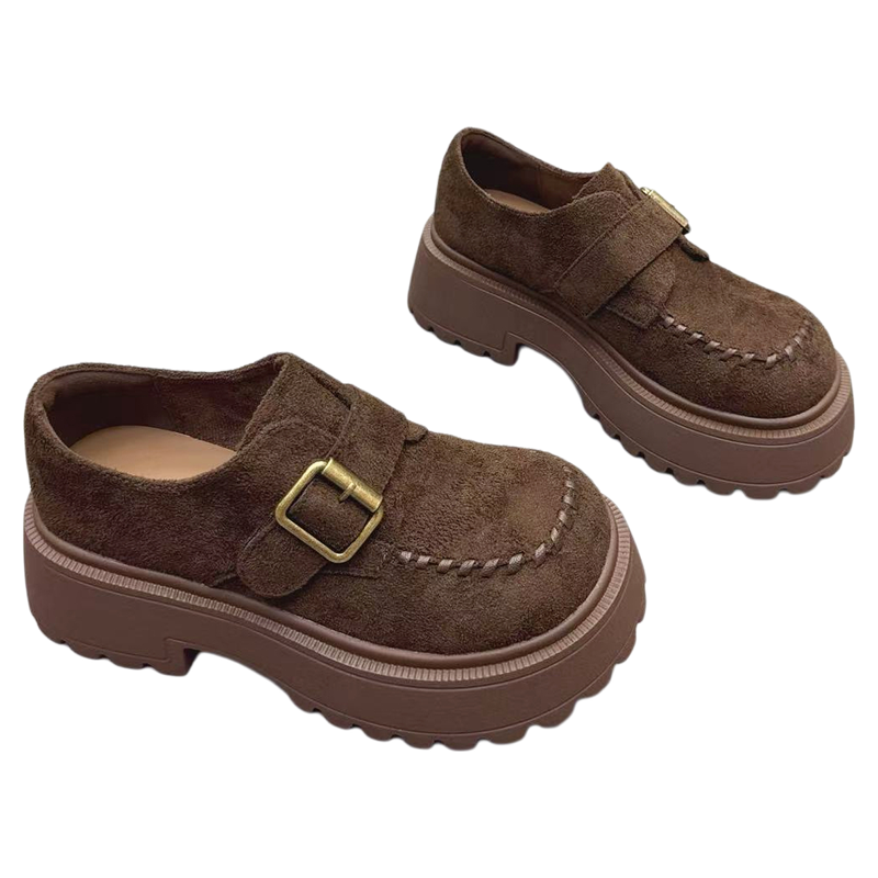 真皮女鞋法式厚底增高6CM乐福鞋2025秋新款圆头皮带扣勃肯袋鼠鞋