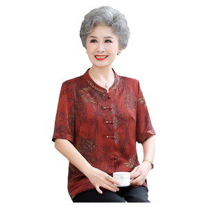 奶奶夏装真丝绸缎短袖老年人衬衣女妈妈套装老太太唐装衬衫上衣服