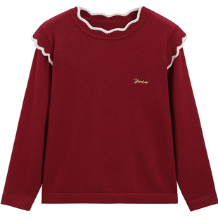 英氏女童套头毛衣2026春秋新款花边保暖线衣内外搭两穿针织打底衫