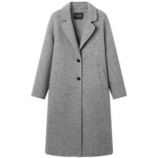 太平鸟大师系列羊驼毛廓形双面呢大衣灰色冬款呢子外套黑色