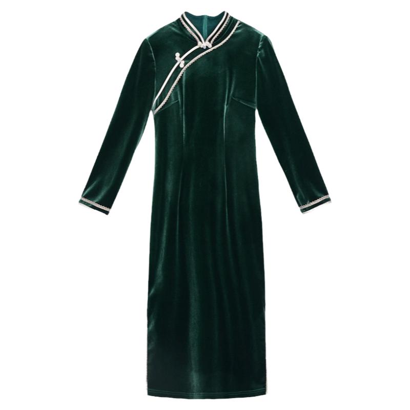 固执秋冬新款古法旗袍秋冬款民国千金丝绒长袖改良旗袍连衣裙7627