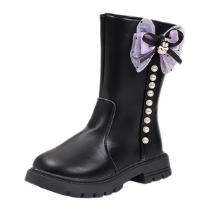 库洛米女童马丁靴秋冬加绒高筒靴洋气公主风中长筒靴子宝宝二棉靴