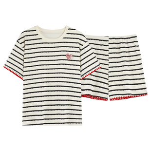 芬腾可安睡衣女款2026新款夏季纯棉带胸垫短袖大码条纹家居服夏天