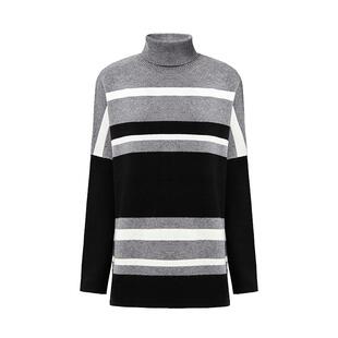 sdeer圣迪奥女装罗纹高领撞色条纹宽松针织衫S24463501