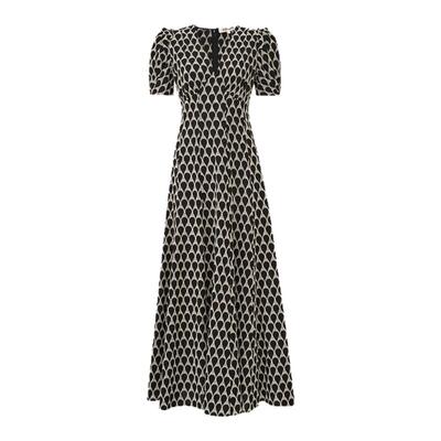 DVF2026春夏新款V领茶歇裙泡泡袖黑白蕾丝刺绣棉连衣裙DS1U017