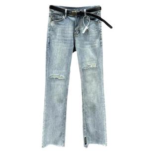 破洞牛仔裤女2026年新款春夏季弹力高腰修身显瘦百搭九分裤直筒裤