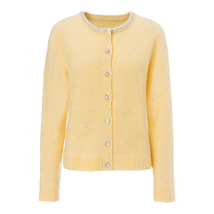 EVAOUXIU绵羊毛新商场同款针织毛衣小香风带钻圆领毛织开衫外套