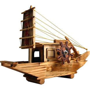 包邮木质渔船手工艺仿真渔船模型摆件儿童玩具乌篷船一帆风顺渔船