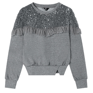 白鹿语拼接亮片花边卫衣女2025秋冬款甜美洋气加绒长袖圆领上衣