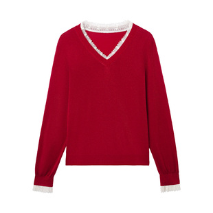 枫竺2026新款女装春季莱赛尔v领花边新年红色针织衫套头叠穿毛衣