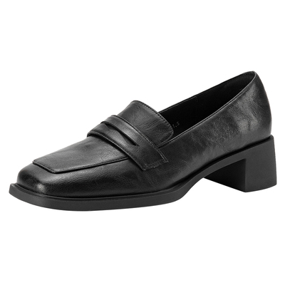 达芙妮黑色乐福鞋方头小皮鞋