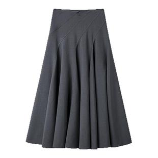 OMITI省略 百搭律动A字大伞裙女长款半身裙灰色高腰裙子 立体精裁