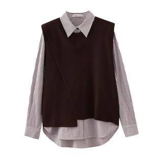 水云间女装 通勤简约设计感针织背心条纹衬衫套装2025秋季新款