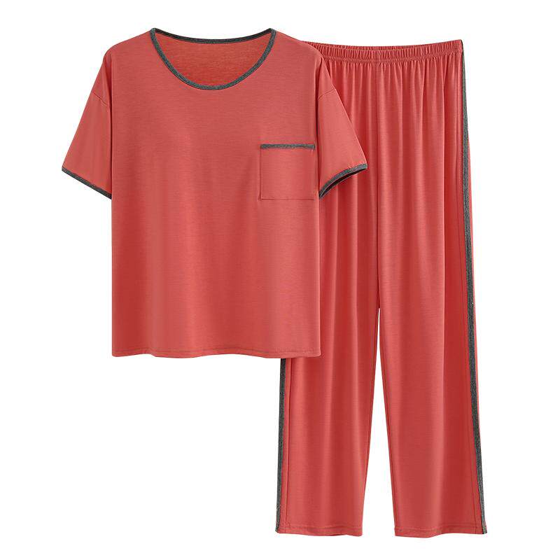 妈妈莫代尔女睡衣夏秋短袖长裤三套装薄款大码家居服可外穿