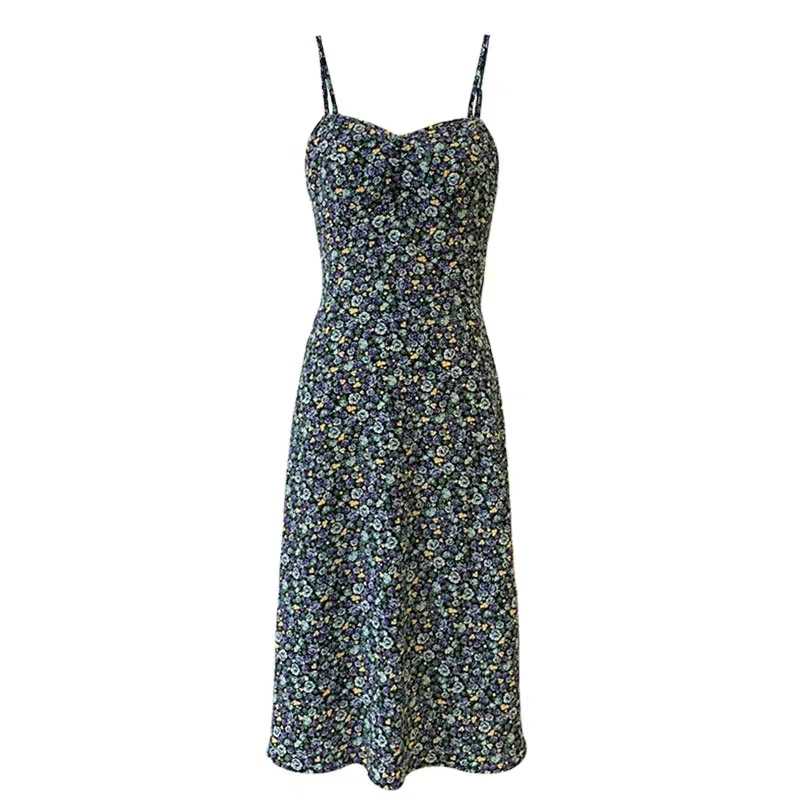 RETURNSELF法式小裙子夏季法国蓝色碎花吊带裙女小众连衣裙性感