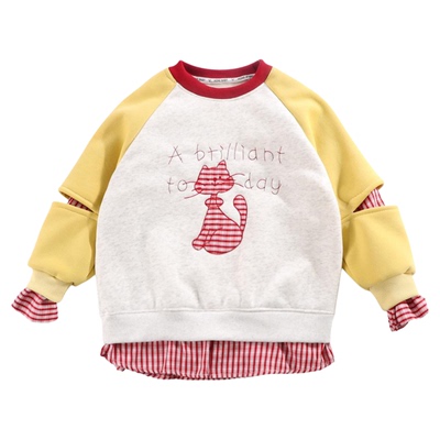 女童加绒卫衣秋冬2025新款假两件一体奥粒绒刺绣上衣加厚打底衫潮