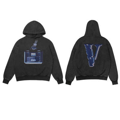 VLONE X光透视大LOGO印花  做旧水洗宽松连帽卫衣 男女同款