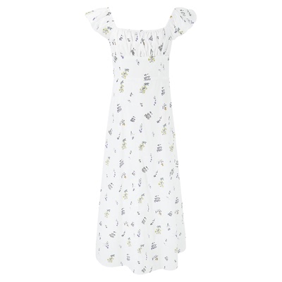 法式小花朵泡泡袖收腰方领连衣裙