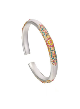 纯银珐琅彩描金海棠花开口手镯女