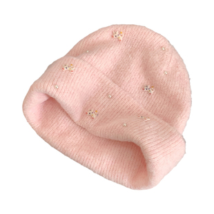 韩系可爱猫咪珍珠粉色毛线帽女秋冬大头围加厚保暖护耳帽子针织帽