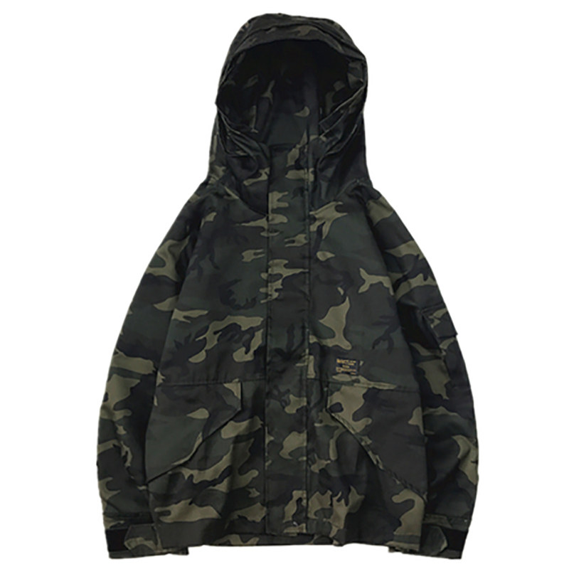 秋季经典街头复古军绿迷彩连帽风衣潮男女宽松工装帆布冲锋外套