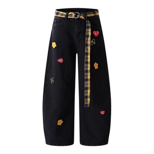 查尔斯桃心植绒卡通阔腿弯刀牛仔裤男女宽松百搭潮流情侣直筒长裤