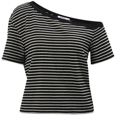 CALVINLUO 条纹不对称斜领露肩航海风短袖T恤女夏上衣 易梦玲同款