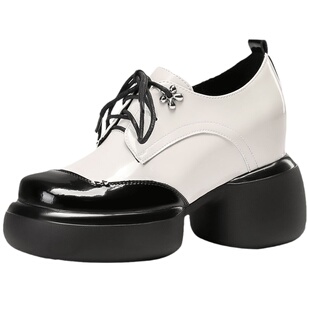 10cm英伦风小皮鞋女鞋春季新款粗跟系带圆头厚底鞋子女真皮单鞋