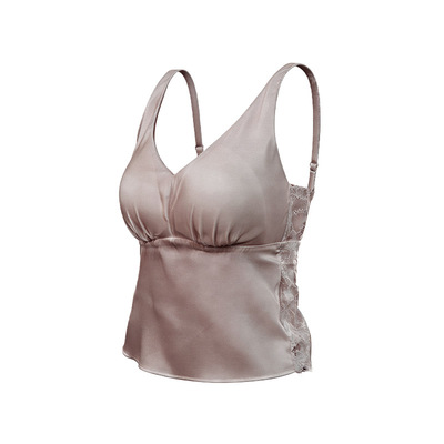 真丝弹力缎自带文胸V领美背 桑蚕丝性感蕾丝超薄法式吊带