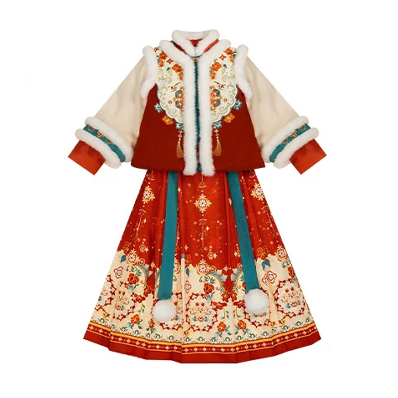 汉服女童冬季加厚马面裙过年套装