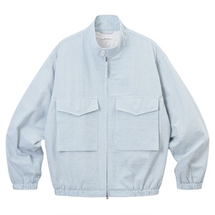 SUPERTOFU泡泡纱肌理感 立领双口袋 绿色条纹 拉链衬衫外套SS26