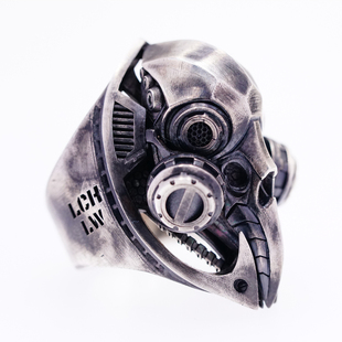 渡鸦工作室原创专属《蚀日》925银手工蒸汽赛博朋克机械乌鸦戒指