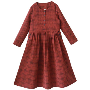 【夕阳余晖】格子连衣裙女2025初冬文艺百搭圆领立体菱形格红色裙