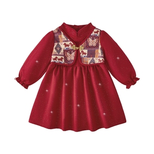 女童连衣裙秋冬加绒宝宝2026新款国风裙红色针织裙新中式儿童裙子