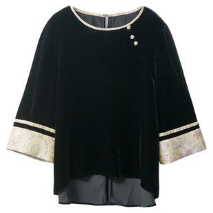 特惠老钱风真丝丝绒拼宋锦新中式上衣女圆领国风盘扣桑蚕丝小衫秋