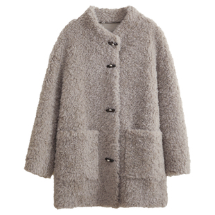 花吉C141青灰色立领全羊毛宽松牛角扣中长款毛毛外套女2026新款冬