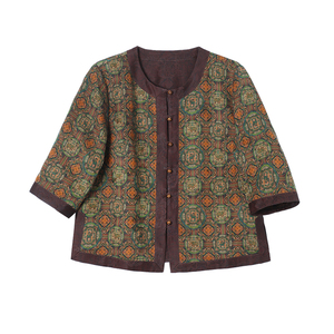 复古香云纱真丝盘扣碎花七分袖衬