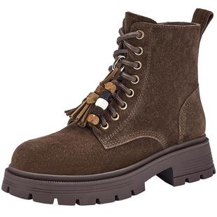 热风复古马丁靴女2025年冬季新款棕色休闲靴百搭短靴西部牛仔靴子