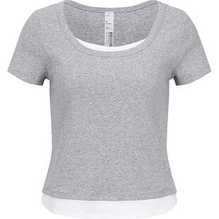 本来BENLAI女士假两件U领T恤衫2025夏新款休闲短袖上衣BNA450023