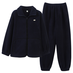 珊瑚绒睡衣男款冬季加绒加厚羊羔绒拉链立领保暖家居服可外穿套装